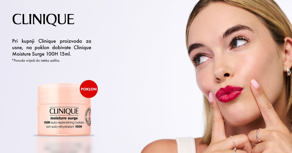 Clinique: pri kupnji Clinique proizvoda za usne na poklon dobivate Clinique Moisture Surge 100H 15 ml. Ponuda vrijedi do isteka zaliha.