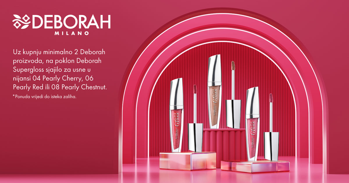 Deborah Milano: uz kupnju minimalno 2 Deborah proizvoda na poklon Supergloss sjajilo za usne u nijansi 04 Pearly Cherry, 06 Pearly Red ili 08 Pearly Chestnut. Ponuda vrijedi do isteka zaliha.